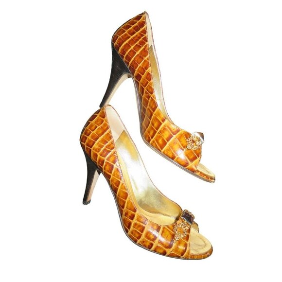 Giuseppe Zanotti Brown Croc Embossed Italian Leather Peep Toe Pumps 37.5 or 7.5 - Picture 6 of 13